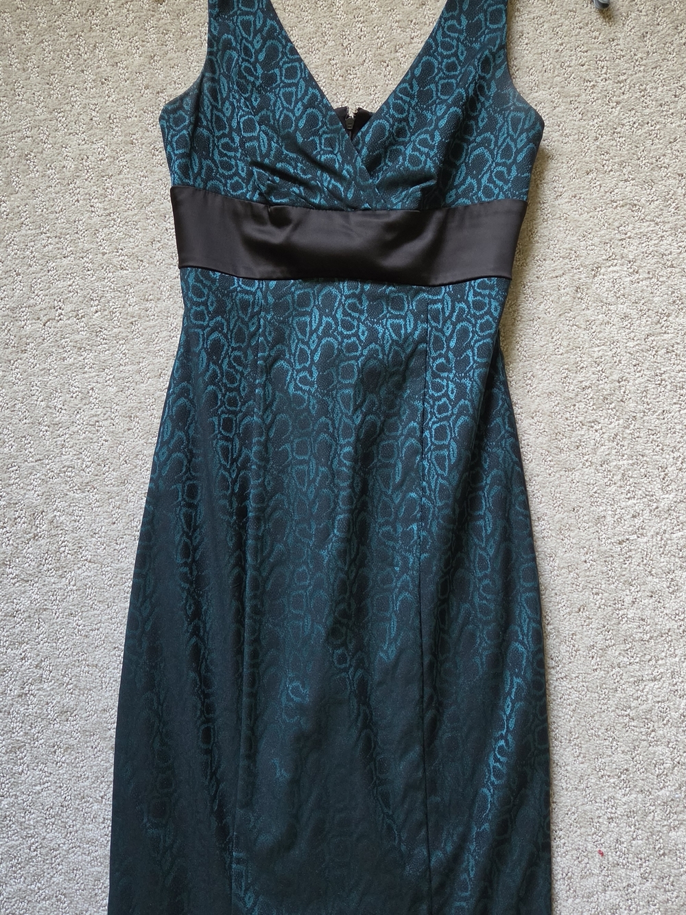 le château Teal Patterned Midi Dress with Black Satin Waistband